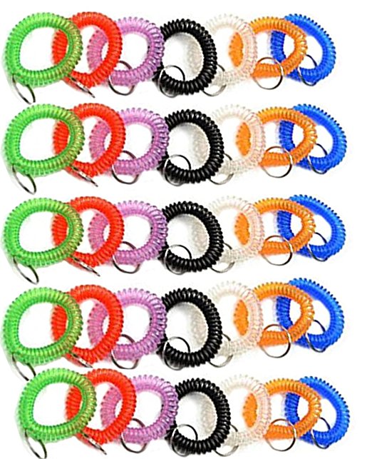 Pack of 35 Stretchable Plastic Bracelet Wrist Coil Wrist band Key Ring Chain Holder Tag (7 COLORS MIXED)