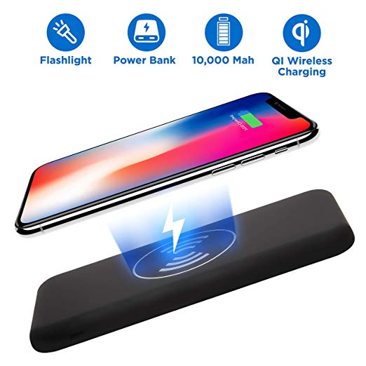 Wireless Portable Charger Charging Power Bank QI Compact Slim Fast Battery Pack Compatible with iPhone X, iPhone 8, 8 Plus, Samsung Galaxy S9 S8 S7, Note 8 7, 10000 mAh, Black