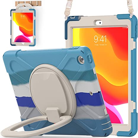 BATYUE iPad 9th/ 8th/ 7th Generation Case (iPad 10.2 inch Rugged Case 2021/2020/2019) with Screen Protector, Rotating Stand/Pencil Holder/Carrying Shoulder Strap (Colourful Blue)