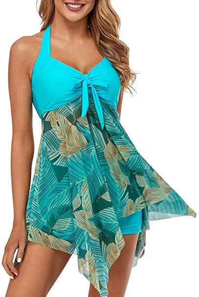 MiYang Womens Tankini Swimdress with Boyshorts Two Piece V Neck Bowknot Halter Bathing Suit Dress