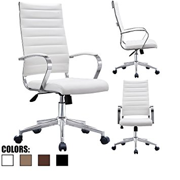 2xhome - Modern High Back Tall Office Chair Ribbed White PU Leather With Cushion Swivel Tilt Adjustable Chair Designer Boss Executive Management Manager Conference Room Work Task Computer