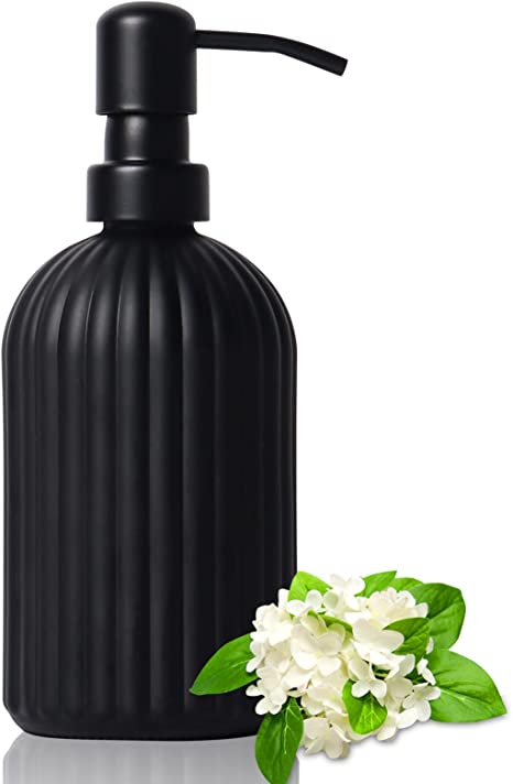 Topsky Glass Soap Dispenser with Black Metal Pump, 400ml Liquid Hand Soap Dispenser, Rustproof Pump for Kitchen & Bathroom, Great for Lotions, Essential Oil, Liquid Soaps Matte Black…