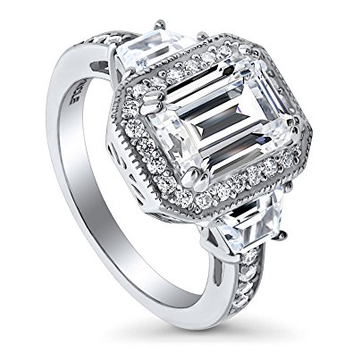 BERRICLE Rhodium Plated Sterling Silver Emerald Cut Cubic Zirconia CZ Halo Engagement Ring 4.17 CTW