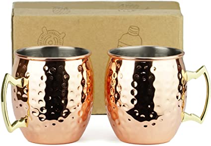 PG Moscow Mule Mugs - Large Size 19 ounces - Set of 2 Hammered Cups - Stainless Steel Lining - Pure Copper Plating - Gold Brass Handle - 3.7 inches Diameter x 4 inches Tall
