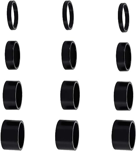 12 PCS Bicycle Headset Spacer Bike Handlebar Stem Spacers Threadless Aluminum Alloy Headset Stem Spacer Set Fit 1 1/8-Inch Stem for MTB BMX Mountain Road Bikes Cycling 2MM 3MM 5MM 10MM(Black)