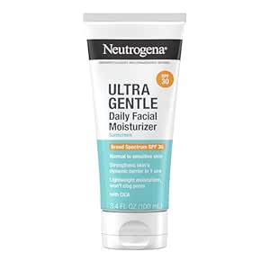 Neutrogena Ultra Gentle Daily Facial Moisturizer with SPF 30 Sunscreen with CICA, Lightweight Face Lotion with Broad Spectrum SPF 30 for Normal to Sensitive Skin, Fragrance-Free, 3.4 fl. oz