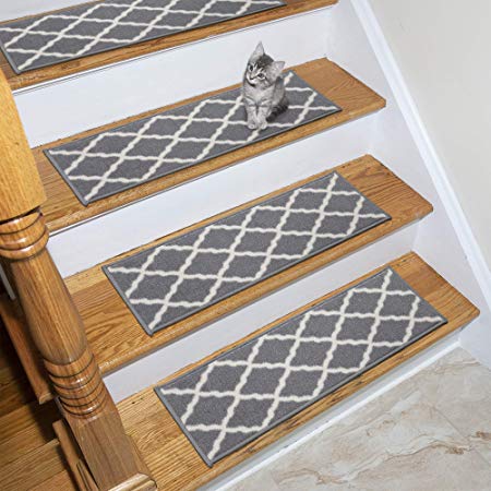 Ottomanson Glamour Collection Trellis Design Stair Tread 8.5" X 26" Pack of 7 Gray