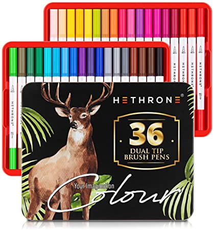 Hethrone 36 Colors Dual Brush Tip Pens Calligraphy Markers with Fine Liners and Brush Highlighter, Art Markers for Adults Kids Coloring Book Lettering