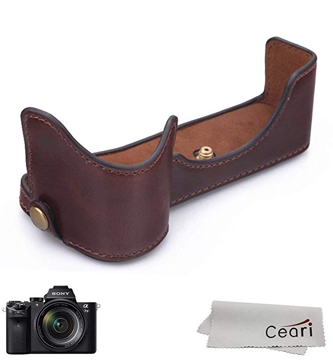 CEARI Camera Leather Half Case Bottom Case for Sony A7 II Digital Camera   Microfiber Clean Cloth - Coffee