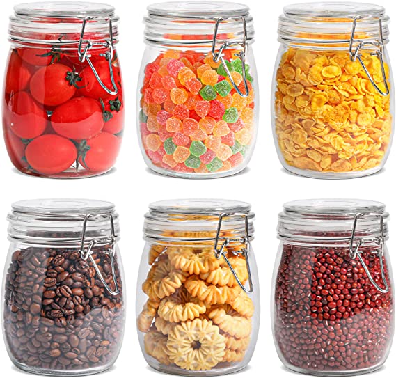 ComSaf 25oz Airtight Glass Canisters with Lids Set of 6, Round Food Storage Jar Container with Clamp Lids for Kitchen Canning Cereal Coffee Pasta Sugar Beans Spice, Clear Mason Jars with 12 Labels