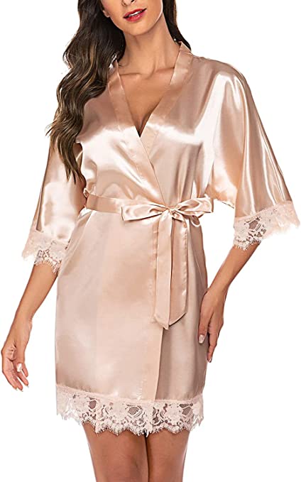 ELOVER Women Satin Kimono Robes Silk Short Bridesmaid Robe Lingerie Dressing Gown