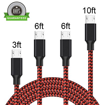 ONSON Micro USB Cable,4Pack 3FT/6FT/6FT/10FT Long Premium Nylon Braided Android Charger USB to Micro USB Charging Cable Samsung Charger Cord for Samsung Galaxy S7 Edge/S7/S6/S4/S3,Note 5/4/3 -BlackRed