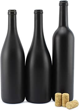 Cornucopia Black Wine Bottles w/Corks (Set of 3); Black Matte Coated Glass Wine Bottles Various Sizes for Decor and Homemade Wine; Use for Halloween Too