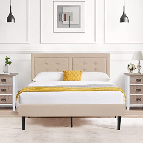 VECELO Platform Upholstered Bed Frame with Height Adjustable Headboard/Mattress Foundation with Strong Slat Support, Easy Assembly, Beige, Queen