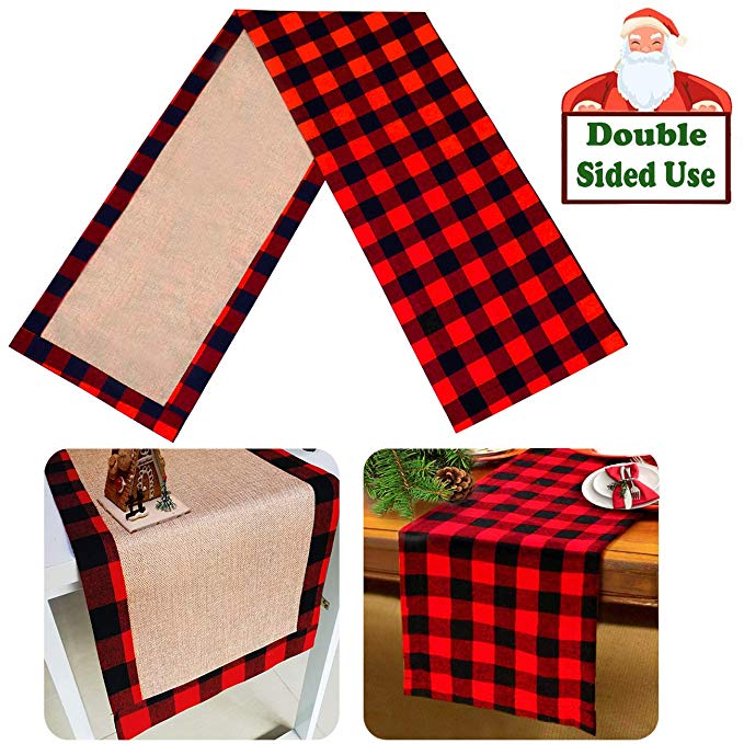 Senneny Christmas Table Runner Burlap & Cotton Red Black Plaid Reversible Buffalo Check Table Runner for Christmas Holiday Birthday Party Table Home Decoration, 14 x 72 Inch