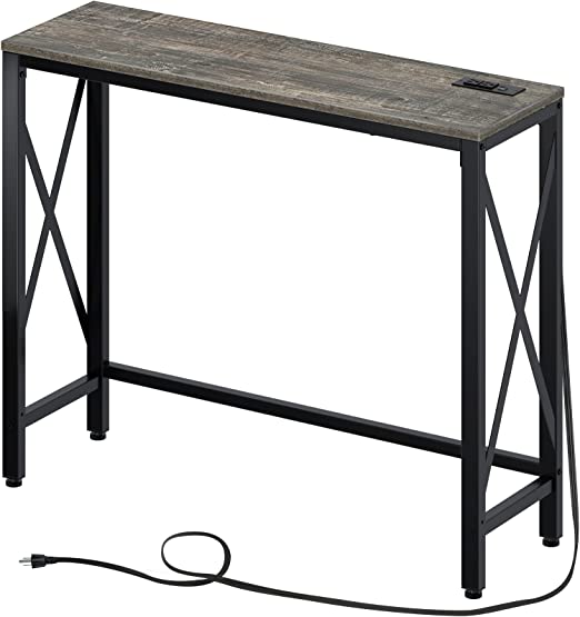 Rolanstar Console Table with Power Outlet, Narrow Sofa Table, 39” Farmhouse Table Behind Sofa Couch Hallway Entrance for Living Room, Entryway, Foyer, with Metal Frame and Adjustable Feet,Gray