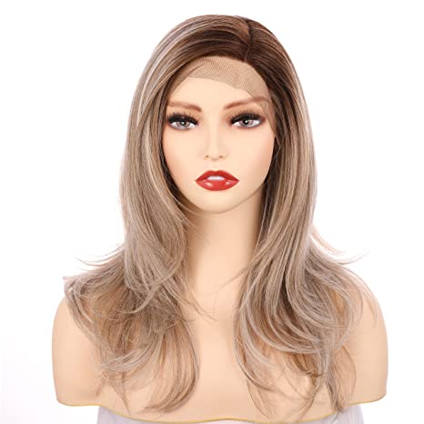 OneDor 18 Inch Kanekalon Futura Synthetic Hair 130% Density Straight Lace Front Side Part Long Wigs (Light Ash Blonde Evenly Blended with Cool Platinum Blonde and Dark Roots-RL19/23SS)