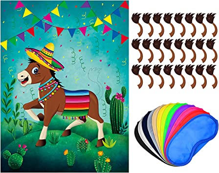 Pin The Tail On The Donkey Party Game, Mexican Donkey Game Poster Come Extra with Donkey Tail and Eye Masks for Donkey Party Favors, Kids Birthday Party, Fiesta Party