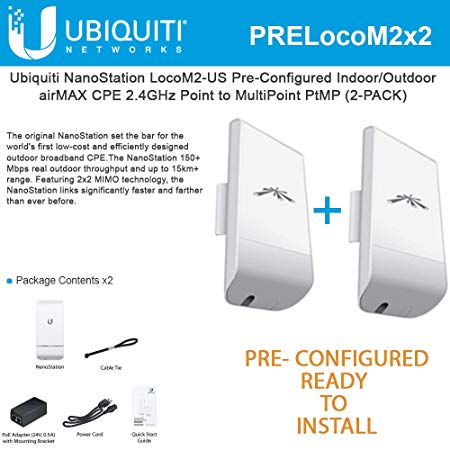 Ubiquiti LocoM2 2-PACK PRE-CONFIGURED Nanostation Loco M2 AirMax CPE 2.4GHz