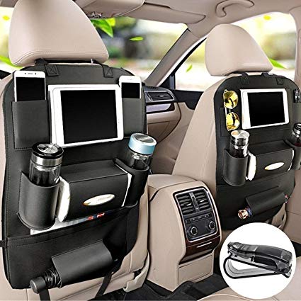 PALMOO Pu Leather Car Seat Back Organizer and iPad mini Holder, Universal Use as Car Backseat Organizer for Kids, Storage Bottles, Tissue Box, Toys (Black, 1 Pack)