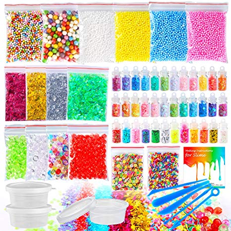 Pllieay 60 Pack Supplies Kit for Slime Making Include Foam Balls, Fishbowl, Glitter Jars, Sugar Paper, Slices, Storage Containers and Tools for DIY Homemade Slime(Not Contain Slime)