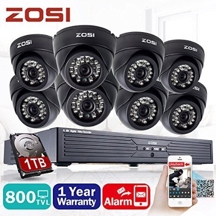 ZOSI 8CH CCTV System Kit 960H Recording Home Security DVR 8PCS 800TVL High Resulotion 24IR IP44 DayampNight Color CMOS Cameras 65ft Night Vision Surveillance Smart Security Kit 1TB HDD