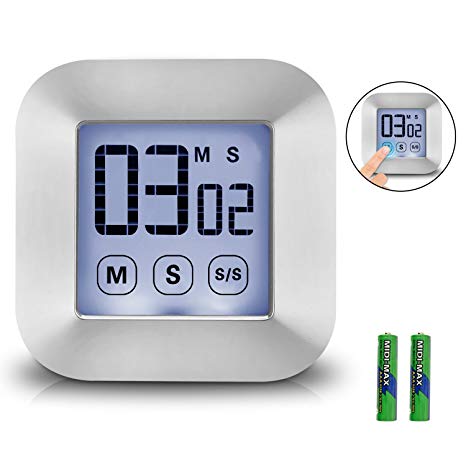 XREXS Touchscreen Digital Kitchen Timer Smart Large LCD Display Backlit Cooking Timer with Big Digits, Loud Alarm Clock, Count Down Up Timer, Magnetic and Back Stand (2 AAA Batteries Included)