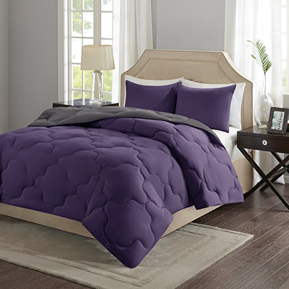 Comfort Spaces Vixie Reversible Goose Down Alternative Comforter Mini Set - 2 Piece – Purple and Charcoal – Stitched Geometrical Diamond Pattern – Twin/Twin XL size, includes 1 Comforter, 1 Sham