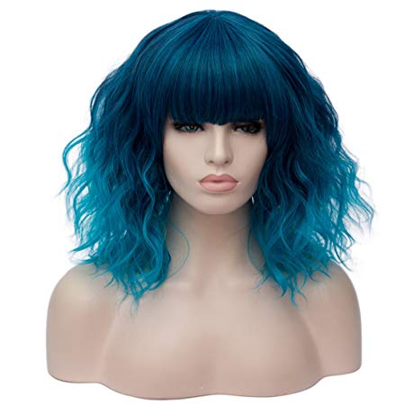 OneUstar Curly Wigs with Bangs 14 Inches Short Wigs for Women Cosplay Party Wig Synthetic Full Wig for Fancy Dress, Blue