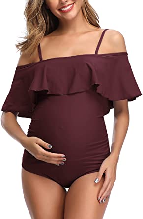 Women Off-Shoulder Maternity Swimsuits Flounce Floral One Piece Bathing Suits