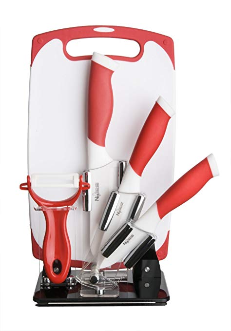 New England Cutlery 6 Pieces Ceramic |3-Inch|4-Inch|5-Inch Knife Set with Cutting Board - Red