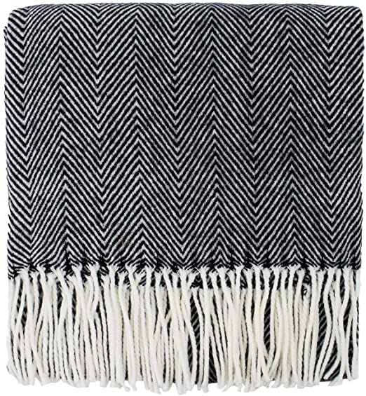 Fennco Styles Herringbone Collection Contemporary Fringed 50 x 60 Inch Throw - Black Throw Blanket for Couch, Bedroom and Living Room Décor