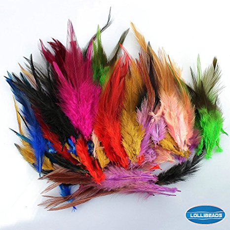 LolliBeads (TM) 100 Pcs of Assorted Dyed Multi-color Long Rainbow Feathers for Hair Extension 4.5-6.5 inches