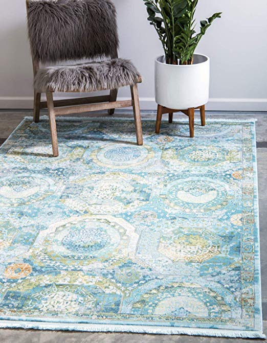 Unique Loom Baracoa Collection Bright Tones Vintage Traditional Light Blue Area Rug (4' 3 x 6' 0)
