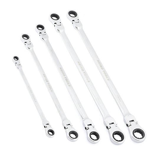 Neiko 03114A Flex-Head Double Box End Ratcheting Wrenches, Chrome Vanadium Steel | Extra Long Design | 5-Piece Set | Metric 8mm - 19mm