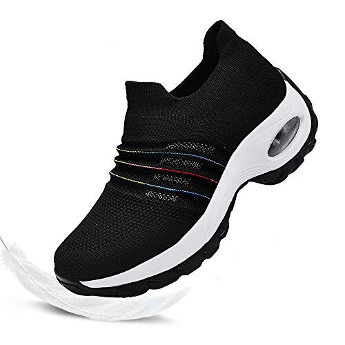 Hotaden Walking Shoes for Women, Comfortable Platform Walking Shoe Flyknit Sneaker Nurse Breathable Slip on Sock Shoes Loafers with Gradient Color Line