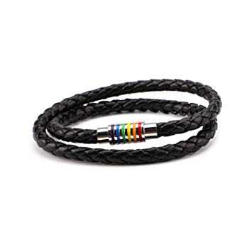 Phogary LGBT Pride Bracelet Gay Pride Rainbow Bracelet, Black Braided Double Leather Bracelet with Magnetic Clasp for Men Women-44cm