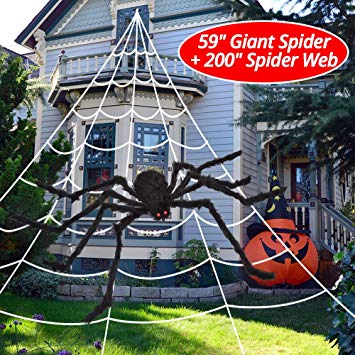 OCATO 200" Halloween Spider Web   59" Giant Spider Decorations Fake Spider with Triangular Huge Spider Web for Indoor Outdoor Halloween Decorations Yard Home Costumes Parties Haunted House Décor