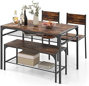 COSTWAY 4 Pieces Dining Table Set, Kitchen Table and 2 Chairs for 4 with Bench, Storage Racks, Metal Frame & Space-saving Design, Industrial Kitchen Table Set for Small Space, Apartment (Rustic Brown)