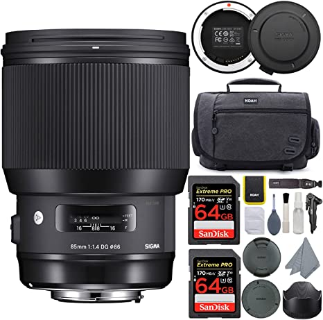 Sigma 85mm f/1.4 DG HSM Art Lens for Canon EF Bundle with Sigma USB Dock, 64GB Extreme PRO SD Cards and Messenger Bag Kit (5 Items)