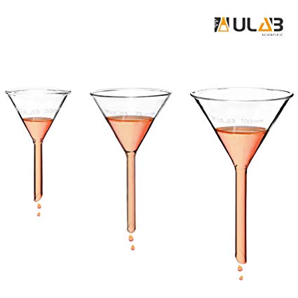 ULAB Scientific Glass Funnel Set, 1 of Each Size 50mm 75mm 100mm with Approx. 60° Angle, Short stem, UGF1009