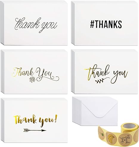 60 Thank You Cards with Envelopes, 120 pcs Thank You Sealer Stickers, for Graduation, Business, Wedding, Bridal Party, Baby Shower, Blank Inside