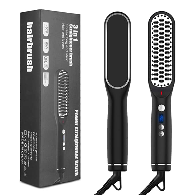 Hair Straightener Brush, Sendowtek Ceramic & Ionic Hair and Beard Brush with Built-in Comb, Fast Heating and Anti-Scald, 3 in 1 Straightening Brush 5-temp Adjustable with LCD Display