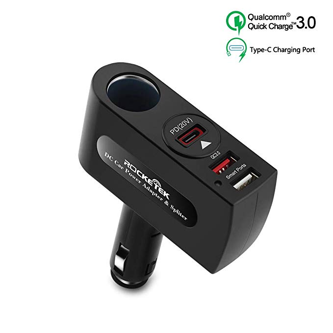 Rocketek QC3.0 Car Charger Power Adapter 60W Cigarette Lighter Splitter 12V/24V DC Outlet Extender (Quick Charge 3.0   Type-C PD   Smart USB) Splatter Cigarette Lighter for Car Charger Adapter