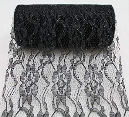 6" wide x 10 Yards Sparkle Floral Pattern Lace Fabric for Decorating, Floral Designing and Crafts (Black)