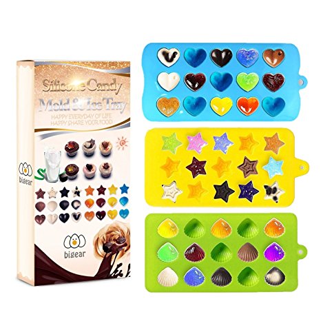 Bigear Candy Molds & Ice Cube Trays - Hearts, Stars & Shells - Silicone Chocolate Mold - Fun, Toy Kids Set - Use for Making Homemade Cake, Candy, Chocolate, Gummy, Ice, Crayons, Jelly, and More by Bigear