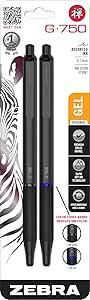 Zebra Pen G-750 Retractable Zebra Gel Pen - Black Brass Barrel - Medium Point - 0.7mm - Pack of 1 Blue and 1 Black G750