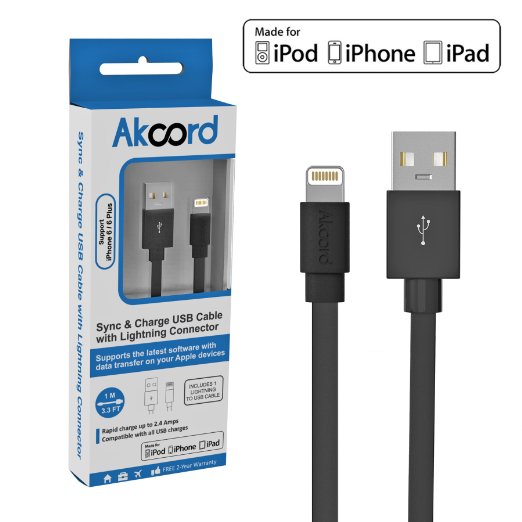 Lightning Cable, Akcord® Apple MFi Certified Flat USB Charge & Sync Cord, 3.3ft / 1m for iPhone 6 6Plus 5s 5c 5, iPad Air mini mini2, iPad 4th gen, iPod touch 5th gen, and iPod nano 7th gen - Black