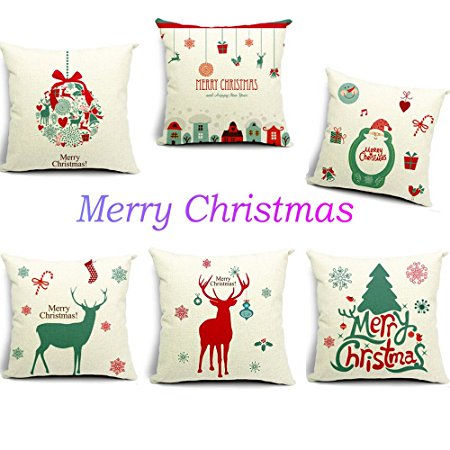 HOSL P48 Merry Christmas Series Cotton Linen Throw Pillow Case Decorative Cushion Cover Pillowcase Square 18" - (Set of 6)