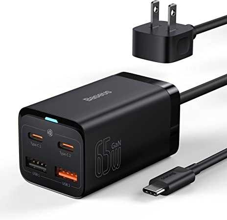 USB C Charger, Baseus 65W PD GaN3 Fast Wall Charger Block, 4-Ports [2USB-C   2USB] Charging Station with 5ft AC Cable for MacBook Pro/Air, USB-C Laptop, iPhone 13/12, iPad Pro, Samsung Galaxy, etc